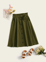 Girls Button Front Paperbag Waist Belted Flare Skirt
