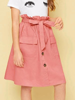 Girls Paperbag Waist Buttoned Pocket Skirt