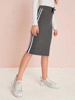Girls Tie Waist Striped Side Rib-Knit Skirt