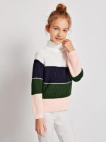 Girls Turtle Neck Raglan Sleeve Colorblock Sweater
