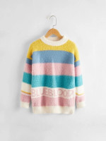 Girls Colorblock Letter Graphic Rib & Fluffy Knit Sweater