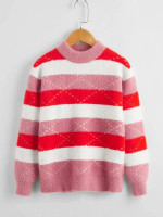 Girls Striped & Argyle Pattern Colorblock Fluffy Knit Sweater