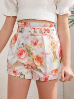 Girls Floral Paperbag Waist Belted Shorts