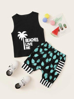 Toddler Boys Letter Print Tank Top With Leaf Print Shorts