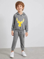 Toddler Boys Deer Print Contrast Hooded Sweatshirt With Sweatpants