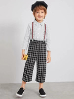 Toddler Boys Polka Dot Shirt With Plaid Straps Pants