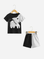 Toddler Boys Elephant Pattern Tee With Two Tone Shorts