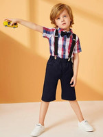 Toddler Boys Bow Front Plaid Shirt With Suspender Shorts
