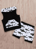 Toddler Boys Shark Print Sleeveless Hooded Tee With Shorts