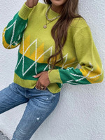 Women Colorblock Argyle Pattern Sweater
