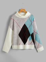 Women Argyle Pattern Colorblock Drop Shoulder Sweater