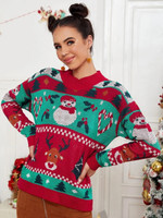 Women Christmas Pattern Mock Neck Drop Shoulder Sweater