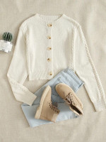 Women Cable Knit Panel Button Up Cardigan