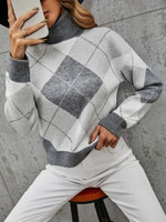 Women Turtleneck Argyle Pattern Drop Shoulder Sweater