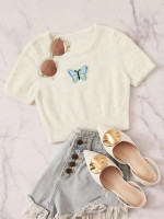 Butterfly Embroidered Fuzzy Crop Knit Top