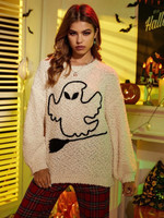 Women Halloween Pattern Drop Shoulder Popcorn Knit Sweater