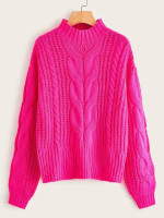 Neon Pink Drop Shoulder Cable Knit Sweater