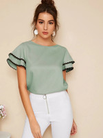Women Contrast Wave Lace Trim Layered Ruffle Sleeve Top