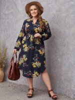 Women Plus Size Floral Print V Wired Belted Dress