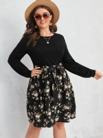 Women Plus Size Floral Print Belted 2 In 1 Dress