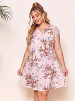 Women Plus Size Notched Neck Guipure Lace Trim Floral Dress