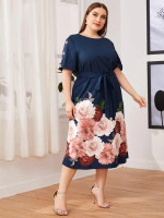 Women Plus Size Buttoned Sleeve Self Belted Floral Dress