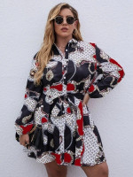 Women Plus Size Chain And Geo Print Bishop Sleeve Belted Shirt Dress