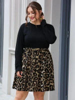 Women Plus Size Contrast Leopard Panel A-line Dress