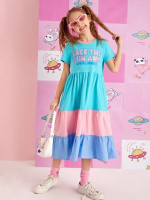 Girls Colorblock Slogan Graphic Ruffle Hem Dress