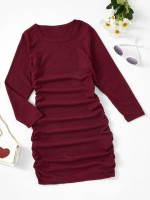 Girls Ribbed Knit Ruched Fitted Dress