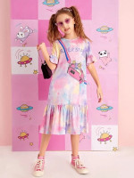 Girls Tie Dye & Slogan Graphic Ruffle Hem Dress