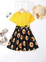 Girls Sunflower Print Belted Dress