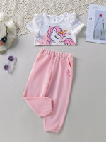 Toddler Girls Unicorn Print Frill Trim Tee & Heart Print Sweatpants