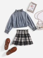 Toddler Girls Shirred Raglan Sleeve Denim Top & Plaid Skirt