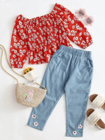 Toddler Girls Daisy Shirred Peplum Blouse With Appliques Jeans