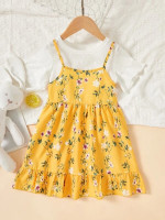 Toddler Girls Floral Print Ruffle Hem Cami Dress & Tee
