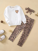 Toddler Girls Heart Print Sweatshirt & Leopard Print Leggings With Headband