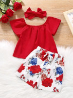 Toddler Girls Raglan Sleeve Top & Floral Print Bow Shorts & Headband