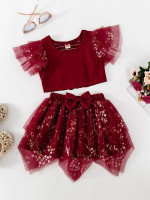 Toddler Girls Contrast Floral Mesh Layered Sleeve Top & Bow Skirt