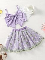 Toddler Girls Bow Front Cami Top & Floral Embroidery Mesh Overlay Skirt