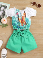 Toddler Girls Floral & Butterfly Print Flounce Sleeve Top & Belted Shorts