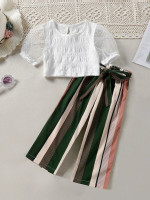 Toddler Girls Contrast Dobby Mesh Top & Striped Colorblock Belted Pants
