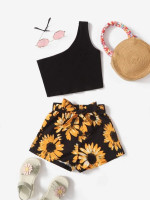 Toddler Girls One Shoulder Top & Floral Print Belted Shorts