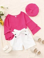 Toddler Girls Layer Sleeve Top & Fake Button Belted Shorts & Hat