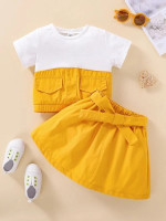 Toddler Girls Two Tone Flap Detail Top & Belted Skirt