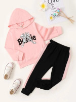 Toddler Girls Bow And Letter Graphic Hoodie & Contrast Side Seam Sweatpants