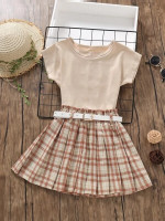 Toddler Girls Solid Tee & Plaid Print Paperbag Waist Pleated Belted Skirt