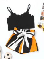 Toddler Girls Scallop Trim Cami Top & Colorblock Belted Shorts