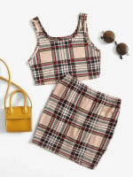 Toddler Girls Plaid Print Tank Top & Skirt Set
