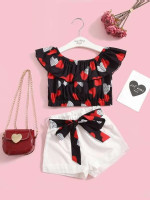 Toddler Girls Dot & Heart Print Ruffle Trim Crop Top & Belted Shorts